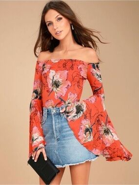 Free People Coral Floral Off the Shoulder Shirt